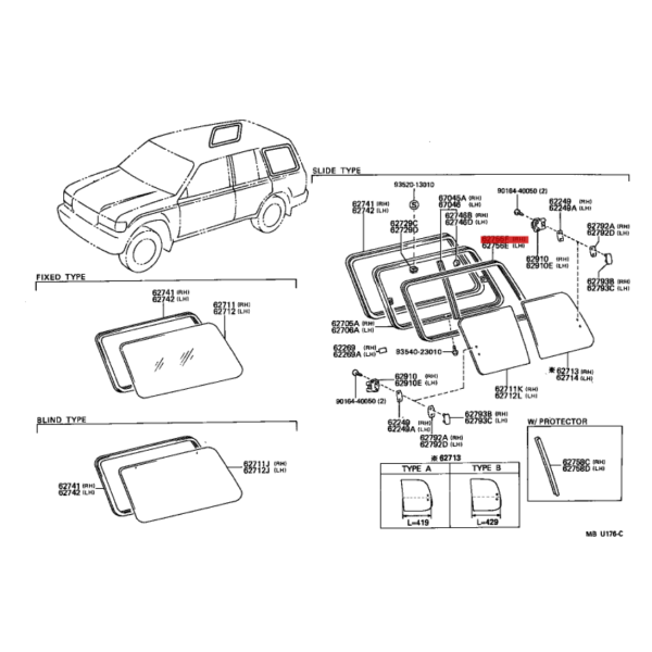 GOMA CRISTAL VENTANA TRASERA IZQUIERDA (DESLIZANTE) J8 ORIGINAL TOYOTA LAND CRUISER
