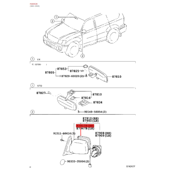 ESPEJO O CRISTAL RETROVISOR DERECHO J10 ORIGINAL TOYOTA LAND CRUISER