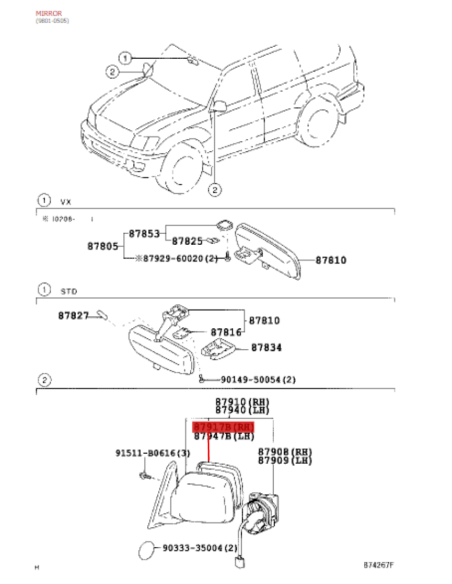 ESPEJO O CRISTAL RETROVISOR DERECHO J10 ORIGINAL TOYOTA LAND CRUISER