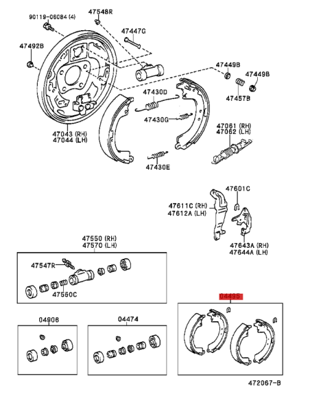 Kit mit 4 hinteren Handbremsbacken für Toyota RAV4 (2000 bis 2002) - Original Toyota Land Cruiser