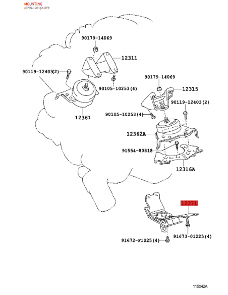 Suporte ou caixa de câmbio J20 (motor 2VZFE) - Original Toyota Land Cruiser