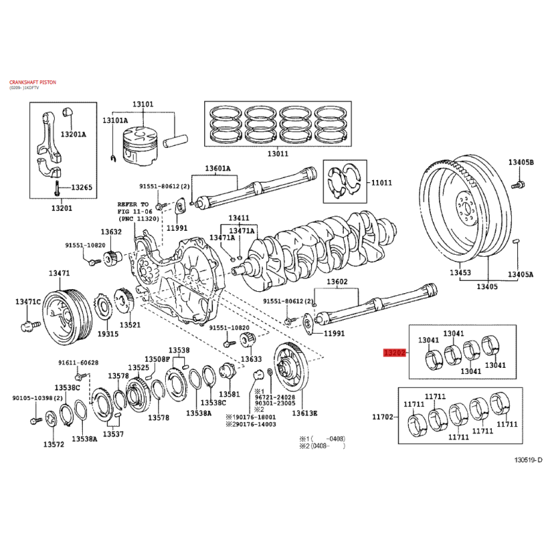 Kit 5 oversized main bearing shells (+50) for Toyota Land Cruiser J7/9/12/Hilux/4Runner - Original Toyota Land Cruiser