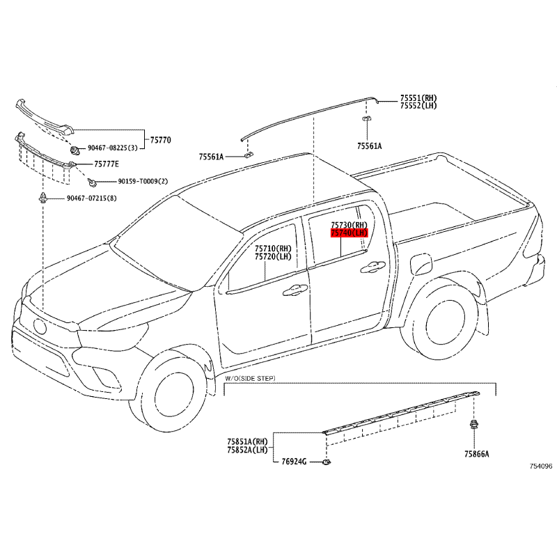 Moldura o lamelunas exterior de ventana de puerta trasera izquierda para Toyota Hilux Revo - Original Toyota Land Cruiser