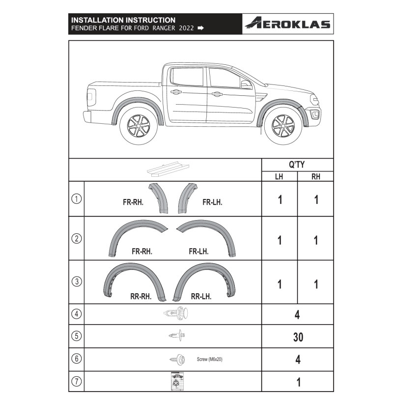 Fender Flare Kit for Ford Ranger Double Cab XL / XLT / Tremor / Limited (2023 - ) - Aeroklas