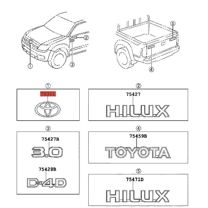 Emblem TOYOTA, Kühlergrill vorne für Toyota Hilux Vigo - Original Toyota Land Cruiser