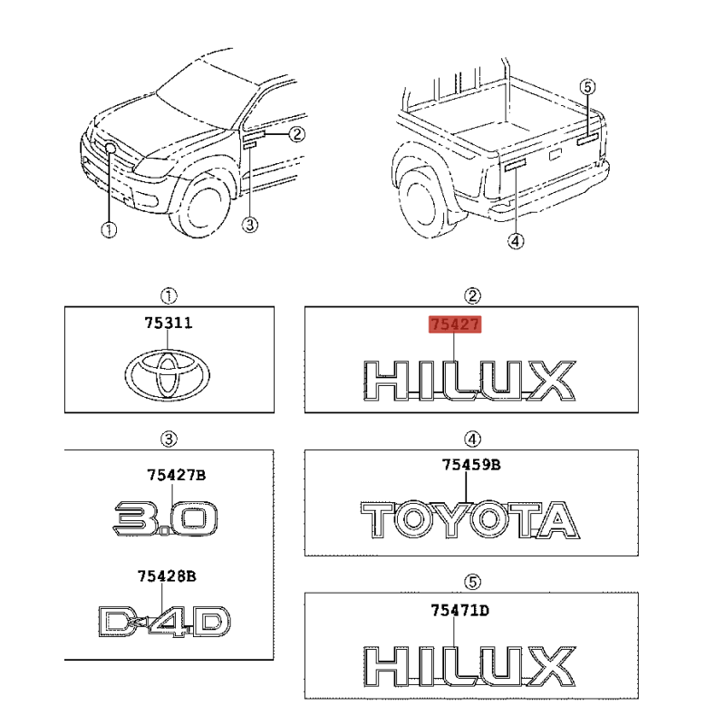Emblem HILUX, front doors or tailgate, for Toyota Hilux Vigo - Original Toyota Land Cruiser