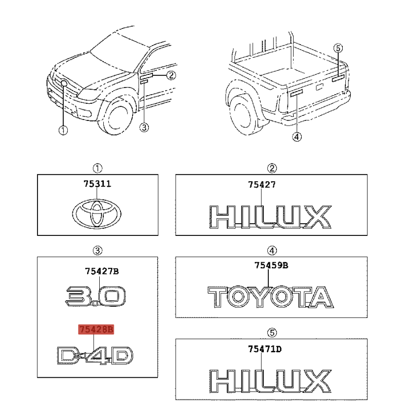 D-4D Emblem, front doors, for Toyota Hilux Vigo - Genuine Toyota Land Cruiser