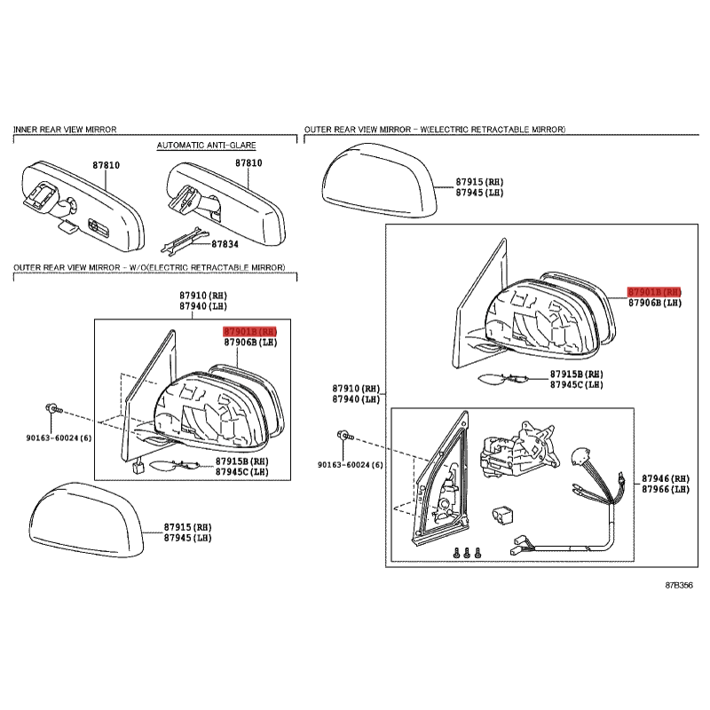 Specchio o vetro retrovisore destro Per Toyota Rav-4 - Originale Toyota Land Cruiser