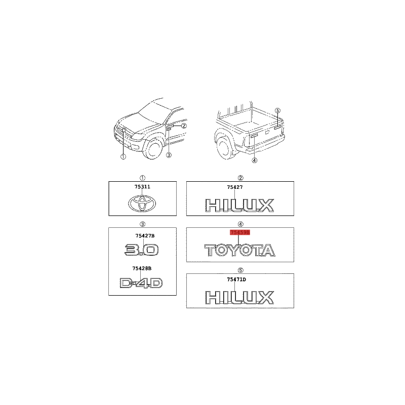 Emblem TOYOTA, tailgate, for Toyota Hilux Vigo - Original Toyota Land Cruiser