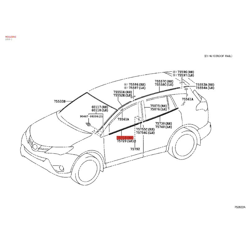 Exterior window trim or weatherstrip for the front right door, for Toyota Rav4 (2012 to 2019) - Original Toyota Land Cruiser
