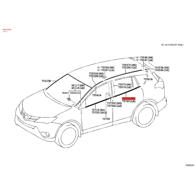Außenfensterleiste oder Dichtleiste für die rechte hintere Tür, passend für Toyota Rav4 (2012 bis 2019) - Original Toyota Land C