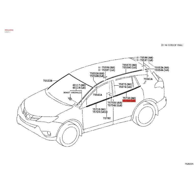 Moulure ou déflecteur extérieur de fenêtre de porte arrière gauche, pour Toyota Rav4 (2012 à 2019) - Original Toyota Land Cruise