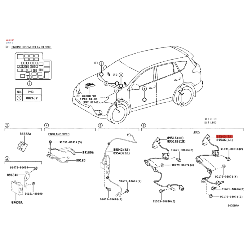 Cableado ABS trasero derecho para Toyota RAV4 (2012 a 2018, 4WD) - Original Toyota Land Cruiser