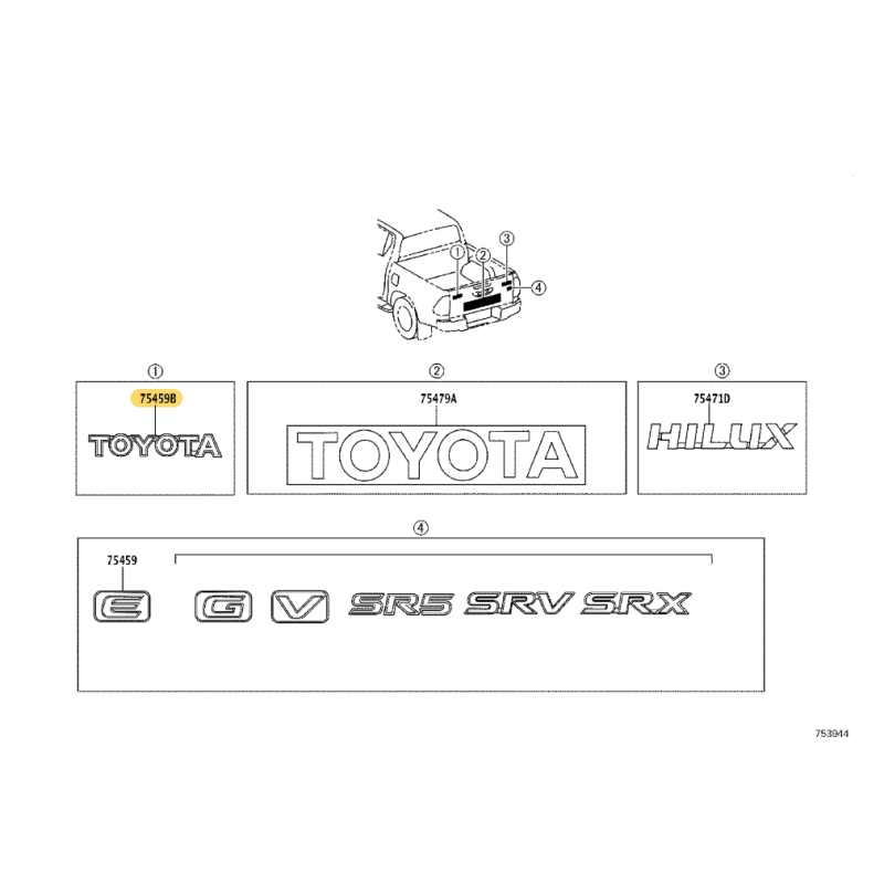 Emblème TOYOTA, hayon arrière, pour Toyota Hilux Revo - Original Toyota Land Cruiser
