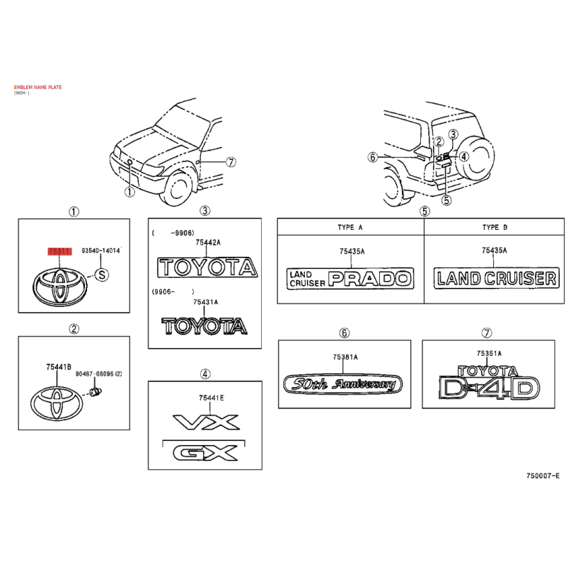 Emblema TOYOTA, su calandra o griglia radiatore anteriore, per Toyota Land Cruiser J9 - Originale Toyota Land Cruiser