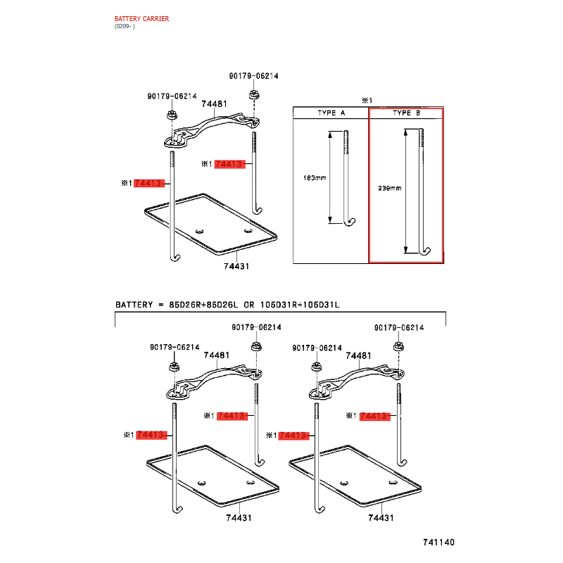 Varilla, suporte de bateria (239 mm), para Toyota Land Cruiser J12 /15/ FJ Cruiser - Original Toyota Land Cruiser