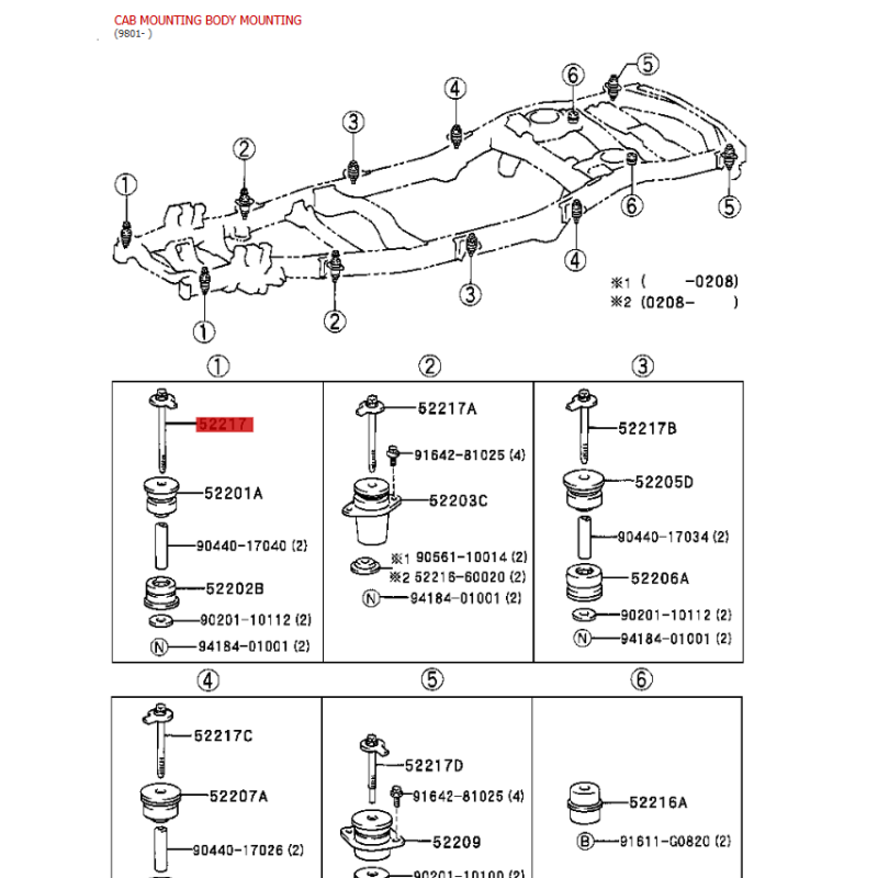 Bullone del silentblock della carrozzeria n.°1, per Toyota Land Cruiser J10 - Originale Toyota Land Cruiser