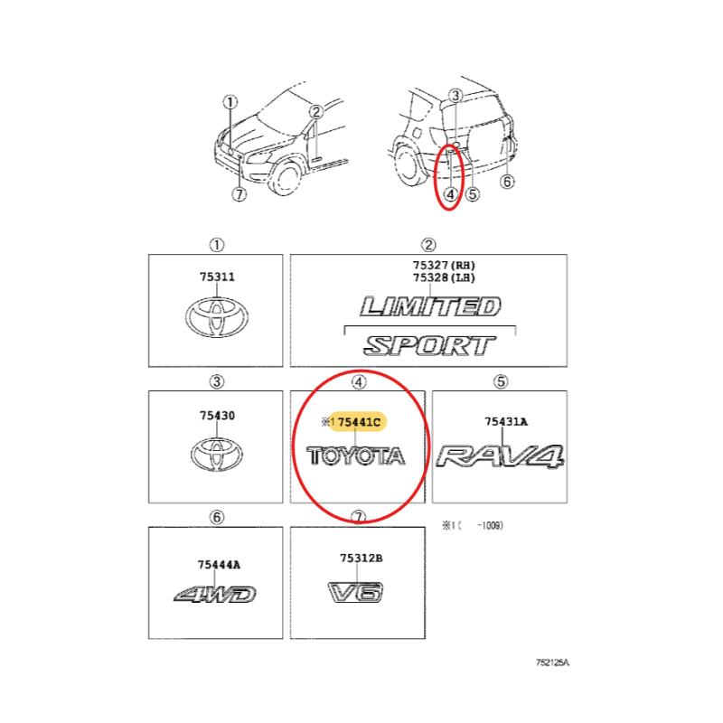 Emblema portellone posteriore, su portellone, Toyota RAV4 (2005 al 2012) - Originale Toyota Land Cruiser