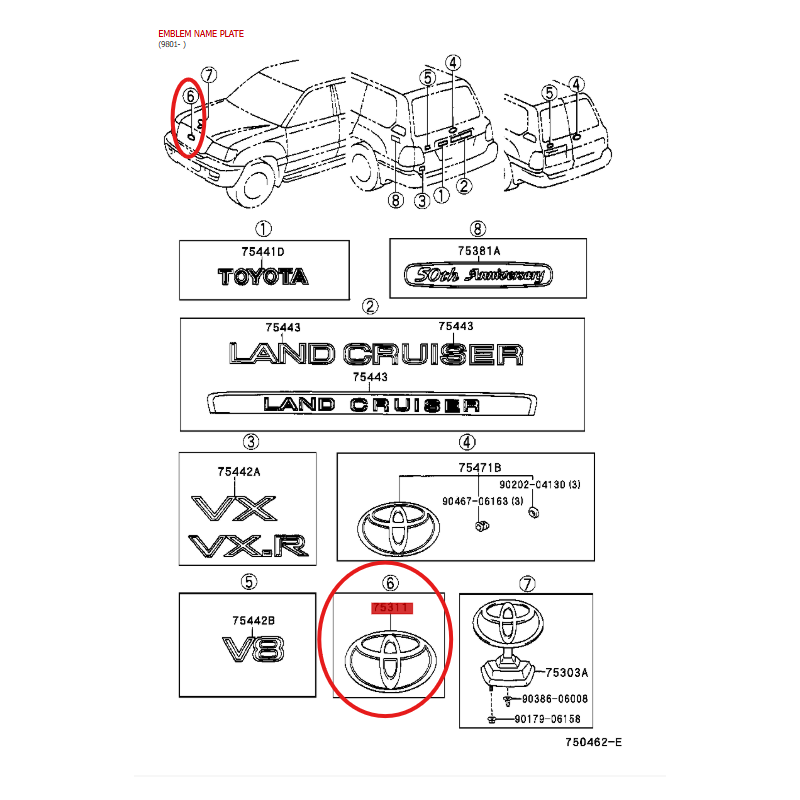 Emblème de calandre avant Toyota (08/2002 à 2007), pour Toyota Land Cruiser J10 - Original Toyota Land Cruiser